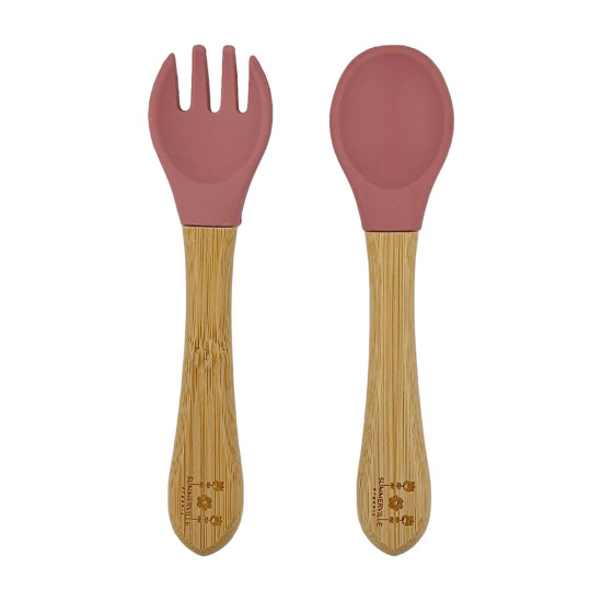 Tacâmuri (linguriță și furculiță) Summerville Dusty Rose din bambus și silicon, pentru bebeluși