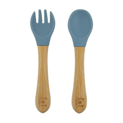 Tacâmuri (linguriță și furculiță) Summerville Stone Blue din bambus și silicon, pentru bebeluși