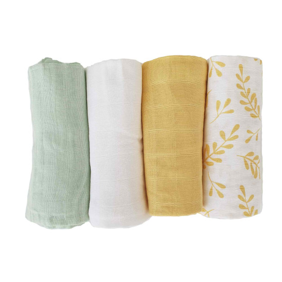 Pachet cu 4 păturici Summerville din muselină de bumbac organic GOTS, model floral-galben-verde-alb Pachet cu 4 păturici Summerville din muselină de bumbac organic GOTS, model floral-galben-verde-alb