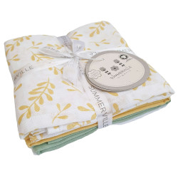 Pachet cu 4 păturici Summerville din muselină de bumbac organic GOTS, model floral-galben-verde-alb