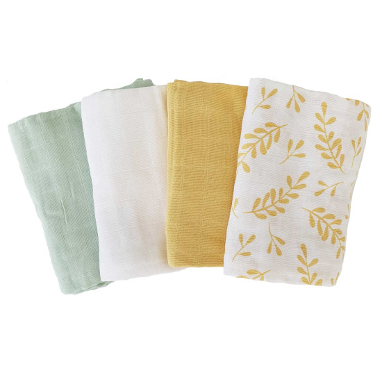 Pachet cu 4 păturici Summerville din muselină de bumbac organic GOTS, model floral-galben-verde-alb Pachet cu 4 păturici Summerville din muselină de bumbac organic GOTS, model floral-galben-verde-alb