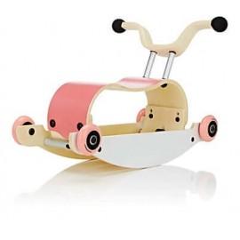 Wishbone Mini-Flip - antemergător / mașină de călărit / balansoar din lemn - Roz cu alb și roți roz